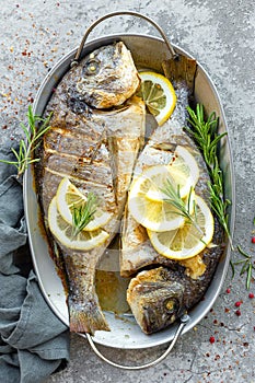Baked fish dorado. Sea bream or dorada fish grilled