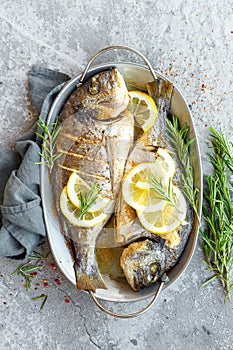 Baked fish dorado. Sea bream or dorada fish grilled