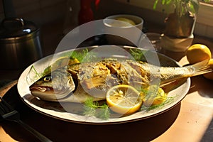 Baked fish dorado. Sea bream or dorada fish grilled. Generative AI