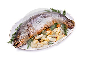 Baked fish with potato chips and dill