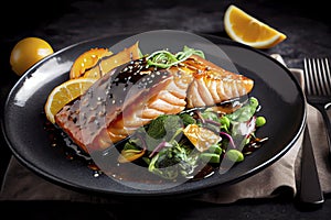 Baked or fried salmon and salad, Paleo, keto, fodmap, dash diet. Mediterranean food with steamed fish