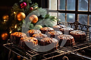 baked fruitcakes cooling on wire racks by a window