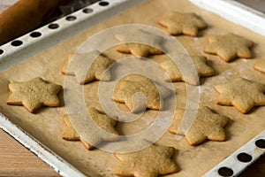 Baked gingerbread on baking sheet without decoration.