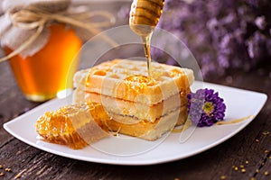 Baked golden waffle and sweet honey