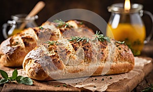 Baked goods A loaf of bread on a wooden cutting board