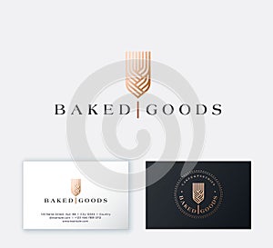 Baked Goods logo. Gold spikelet consists of intertwined elements. Identity. Business card.