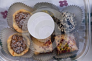 Baked goods at outdoor agriculture fair.