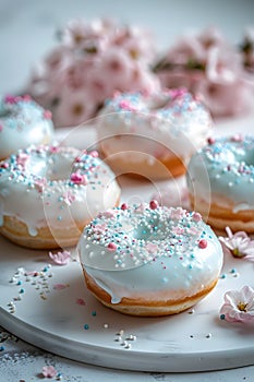 Baked goods with white glaze, pink and blue sprinkles on a white plate