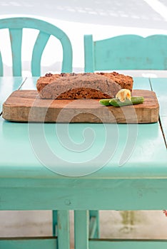 Baked goods on wooden slab