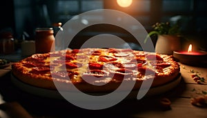 Baked gourmet pizza on wood table, slice of sweet pie generated by AI