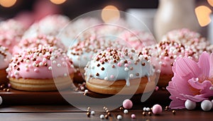 Baked gourmet sweets on pink table, a sweet celebration generated by AI