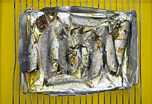 Baked or Grilled Sardines fish with herbs and olive oil