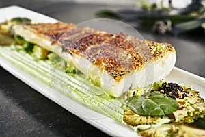Baked Halibut Fillet and Broccoli in Different Textures