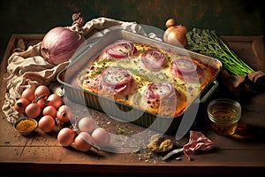 baked with herbs and easter ham onions on baking sheet