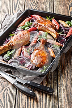 Baked honey pork chops with red onion and rhubarb close-up in a baking sheet. Vertical