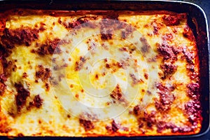 Baked lasagna pasta with mozzarella for dinner