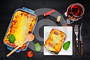 Baked Lasagna Served with Rose Wine