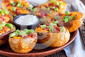 Baked loaded potato skins with cheddar cheese and bacon, garnish