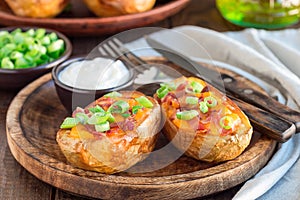 Baked loaded potato skins with cheddar cheese and bacon on wooden plate, garnished with scallions and sour cream, horizontal