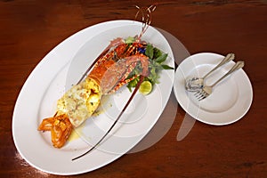 Baked Lobster on a white plate ,Luxury Seafood, Selective Focus of food