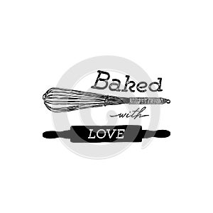 Baked with love hand draw kitchen tools, handwritten lettering.