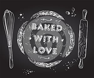 Baked with love rubber stamp imprint on a chalkboard