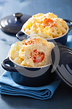 Baked macaroni with cheese in blue casserole