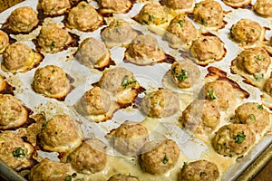 Baked meat balls on pan ready to serve