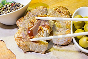 Baked meat with barbecue sauce and chinese sticks