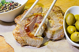 Baked meat with barbecue sauce and chinese sticks