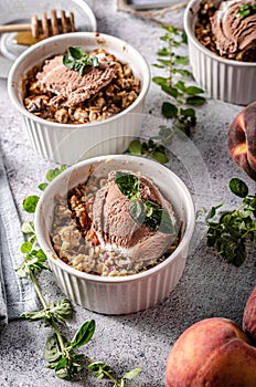 Baked oatmeal with fruit and maple syrup