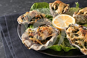 Baked oysters with spinach and cheese in Rockefeller style on a plate with lemon and lettuce, dark gray background, close up shot