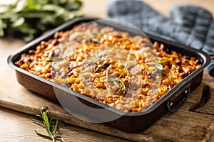 Baked pasta with smoked meat, sausage, egg, cheese and spices. Traditional Czech food