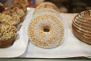 Baked pastry with glass window in the bakery ,