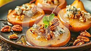 Baked pears with gorgonzola, walnuts, and honey, garnished with fresh herbs on a dark plate