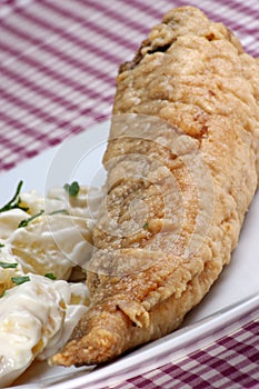 baked perch with potato salad on a plate