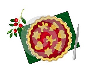 Baked Pie with Crust and Paste Figures or Cookies Rested on Top as Festive Christmas Dish Vector Illustration