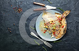 Baked plaice stuffed with vegetables