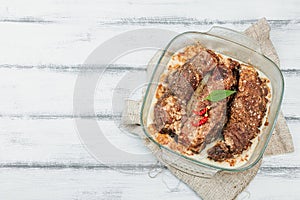 Baked pork ribs with spices, cold fat. Traditional ingredient for BBQ, picnic concept