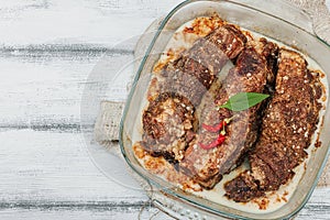Baked pork ribs with spices, cold fat. Traditional ingredient for BBQ, picnic concept