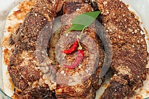 Baked pork ribs with spices, cold fat. Traditional ingredient for BBQ, picnic concept