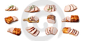 Baked Pork Slices Isolated, Roasted Sliced Loin, Tenderloin Ham Pieces