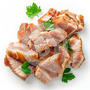 Baked Pork Slices Isolated. Roasted Sliced Loin, Tenderloin Ham Pieces, Baked Meat Fillet Slices on White