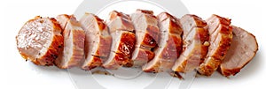 Baked Pork Slices Isolated. Roasted Sliced Loin, Tenderloin Ham Pieces, Baked Meat Fillet Slices on White