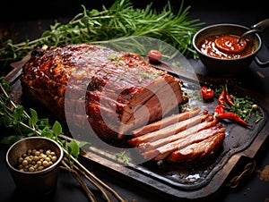 Baked Pork Slices on Wooden Table. Roasted Sliced Loin, Tenderloin Ham Piece, Baked Meat Fillet