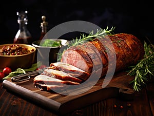 Baked Pork Slices on Wooden Table. Roasted Sliced Loin, Tenderloin Ham Piece, Baked Meat Fillet