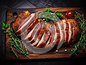 Baked Pork Slices on Wooden Table. Roasted Sliced Loin, Tenderloin Ham Piece, Baked Meat Fillet