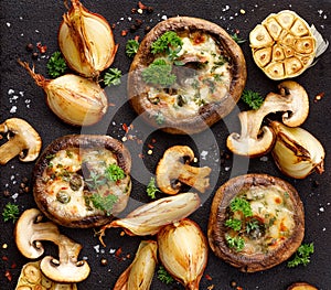 Baked portobello mushrooms stuffed with cheese and herbs on a black background, close-up.