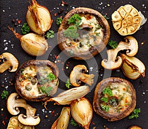 Baked portobello mushrooms stuffed with cheese and herbs on a black background, close-up. photo