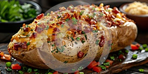 Baked potato with bacon and cheese on a plate